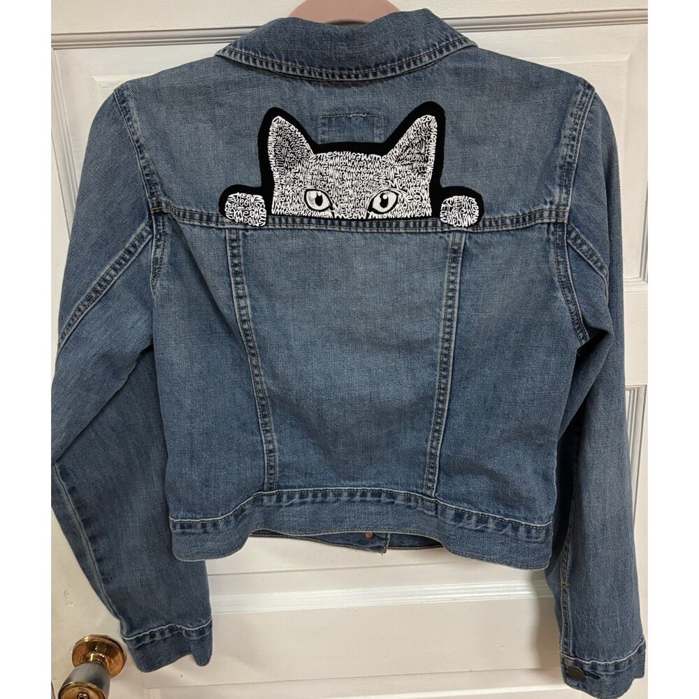 Meow Black Cat Upcycled Denim Trucker Ladies Medium Jean Jacket PeekABoo Cat